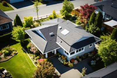 Aerial View Of A Suburban House With Landscaped Garden