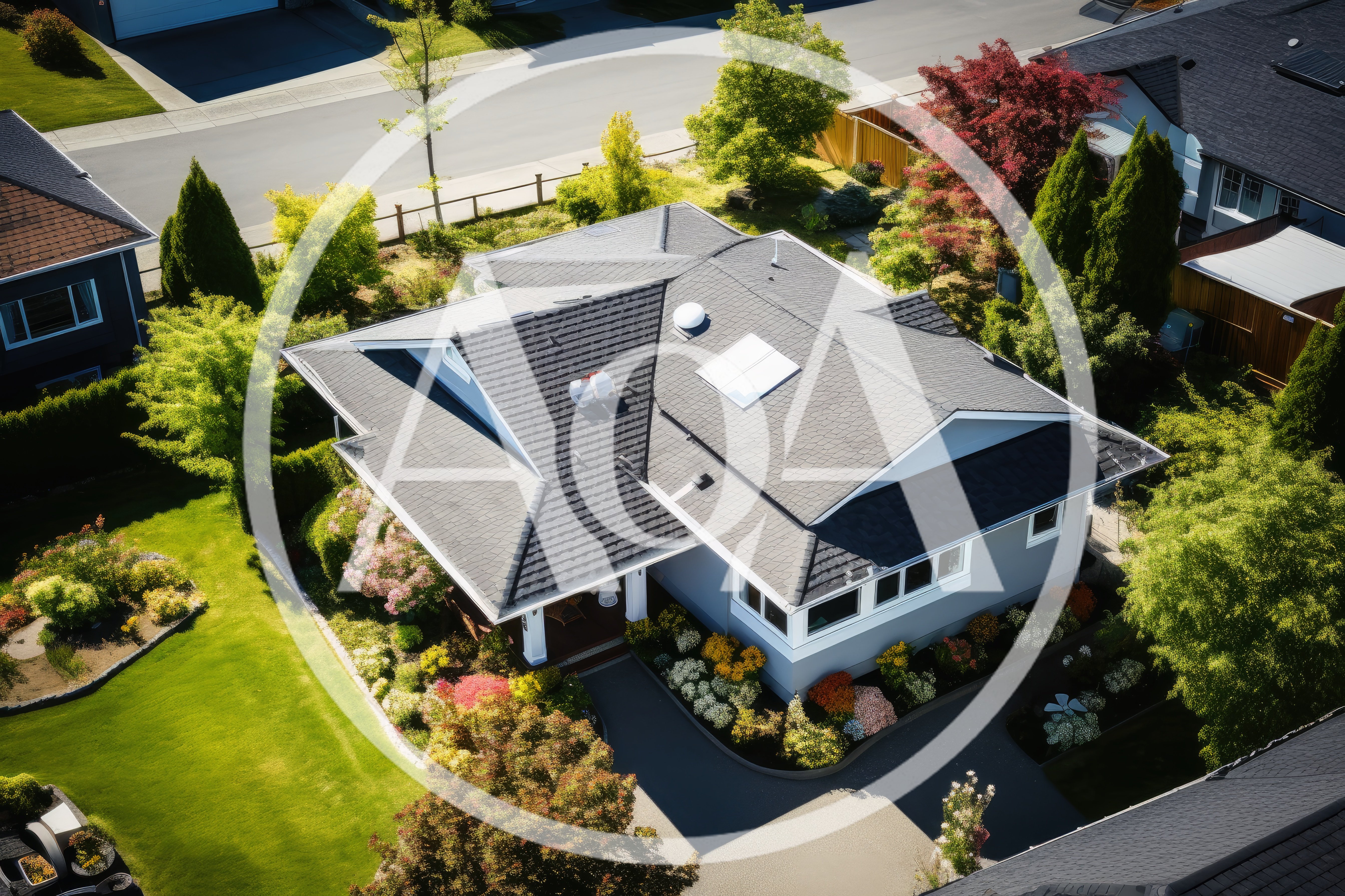 Aerial View Of A Suburban House With Landscaped Garden