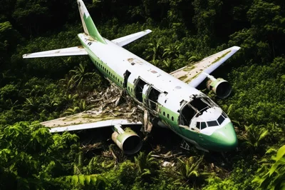 Abandoned Airplane Wreckage In Dense Tropical Jungle