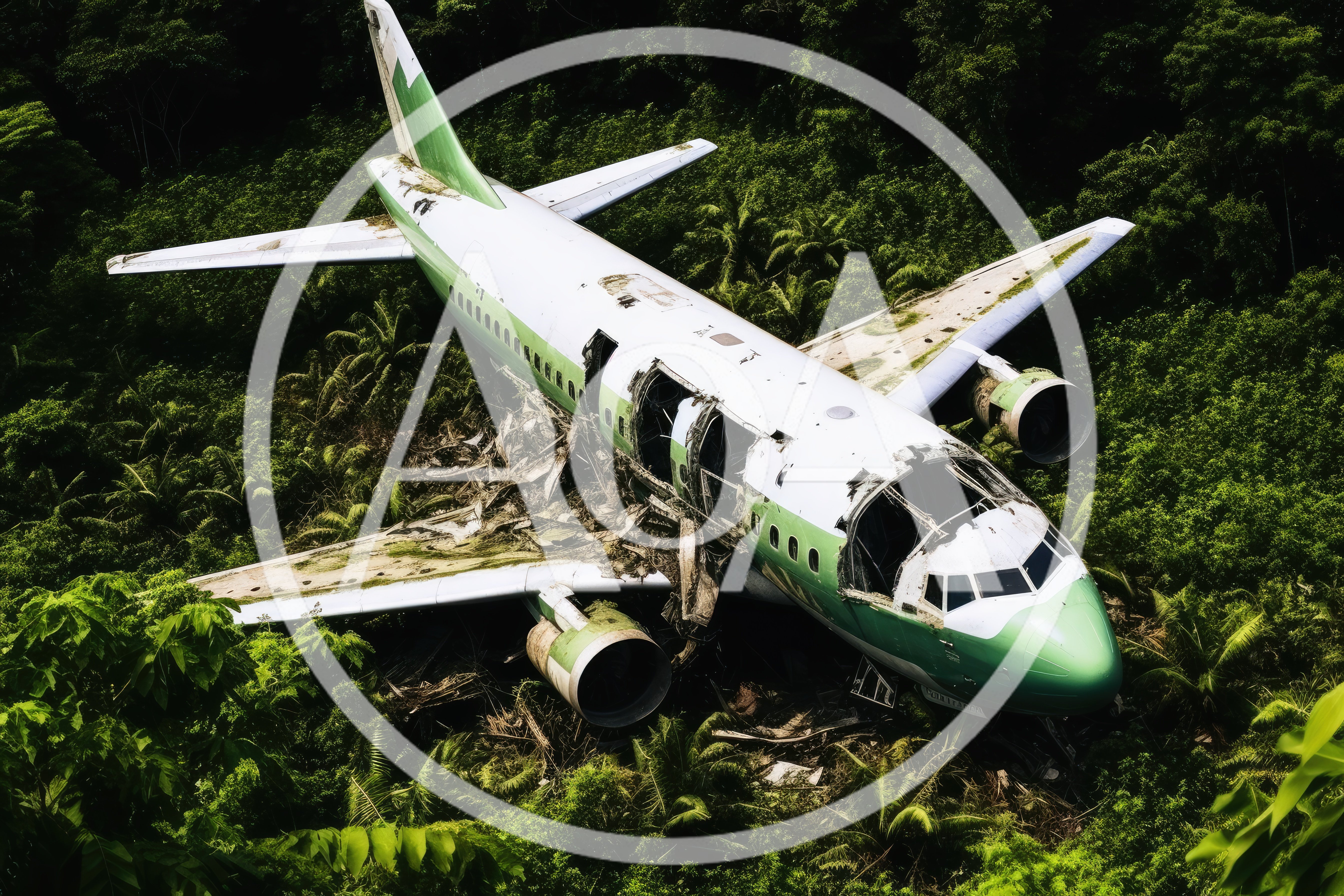 Abandoned Airplane Wreckage In Dense Tropical Jungle