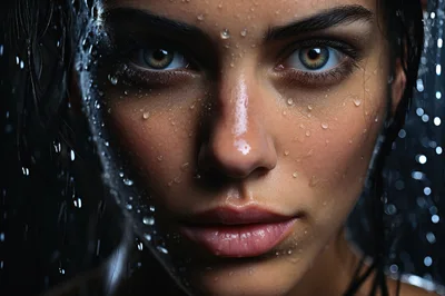 Close Up Portrait Of A Woman In The Rain