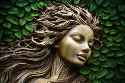 Wooden Sculpture Of A Sleeping Woman Surrounded By Leaves