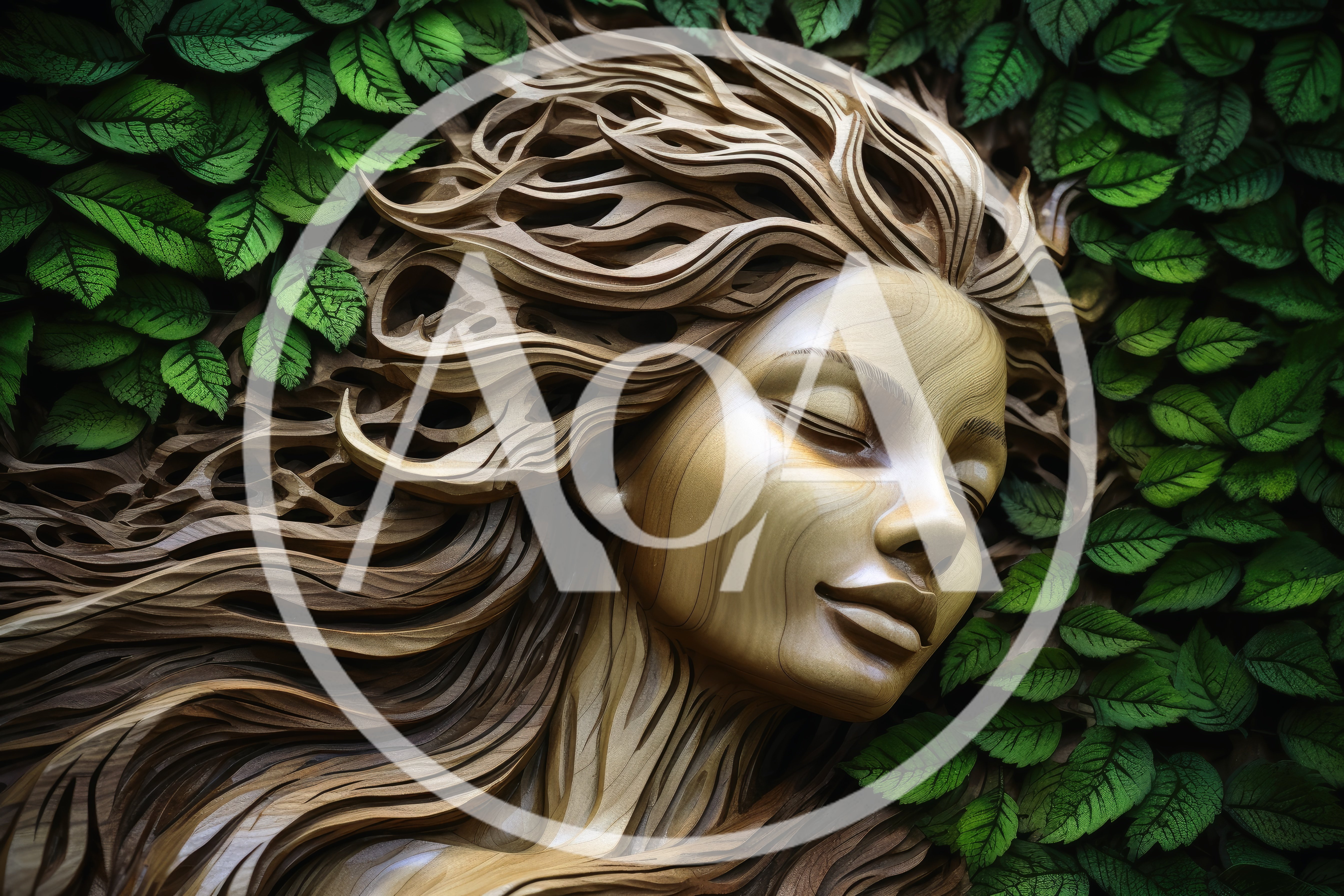 Wooden Sculpture Of A Sleeping Woman Surrounded By Leaves
