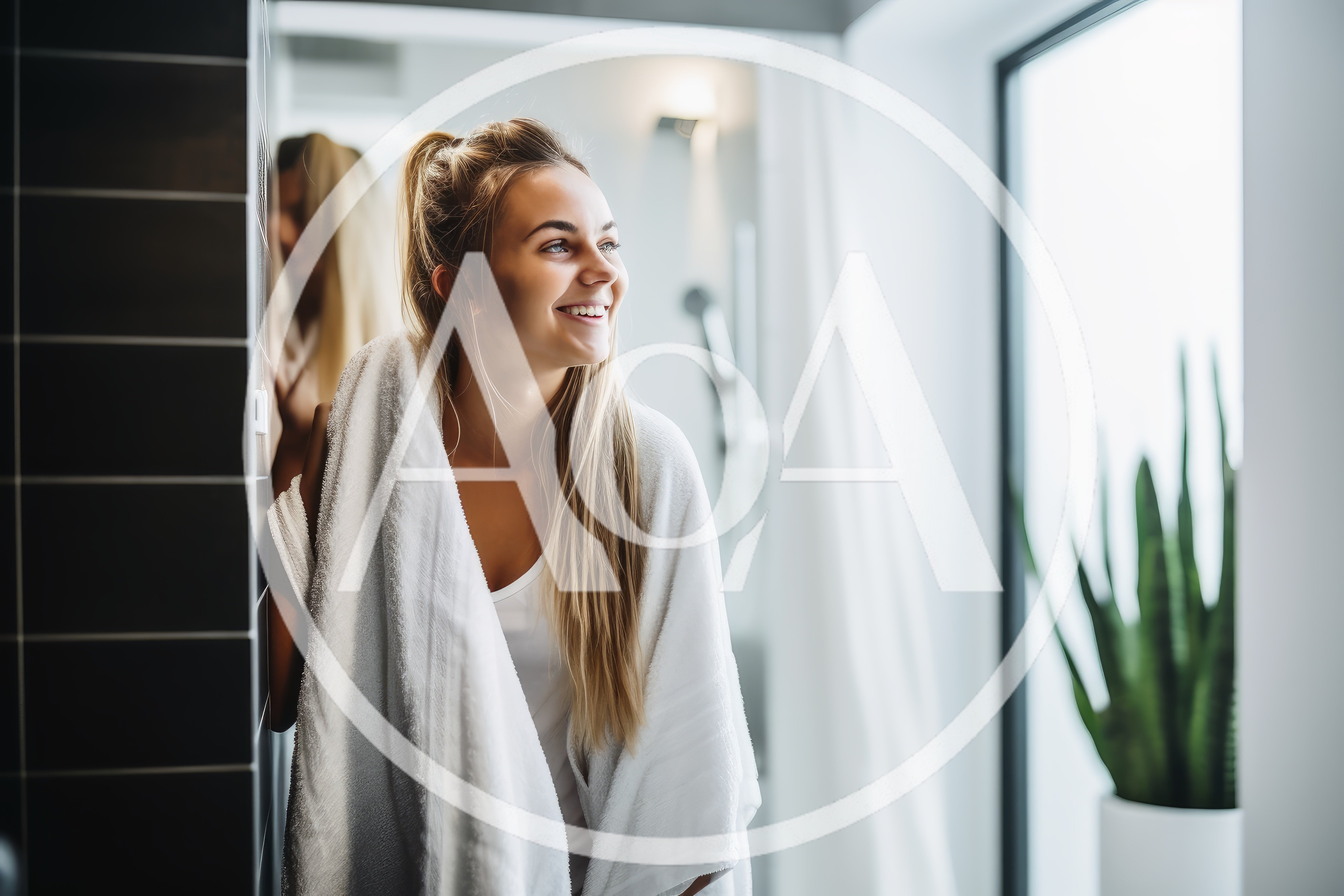 Young Woman Drying Hair With Towel In Bathroom