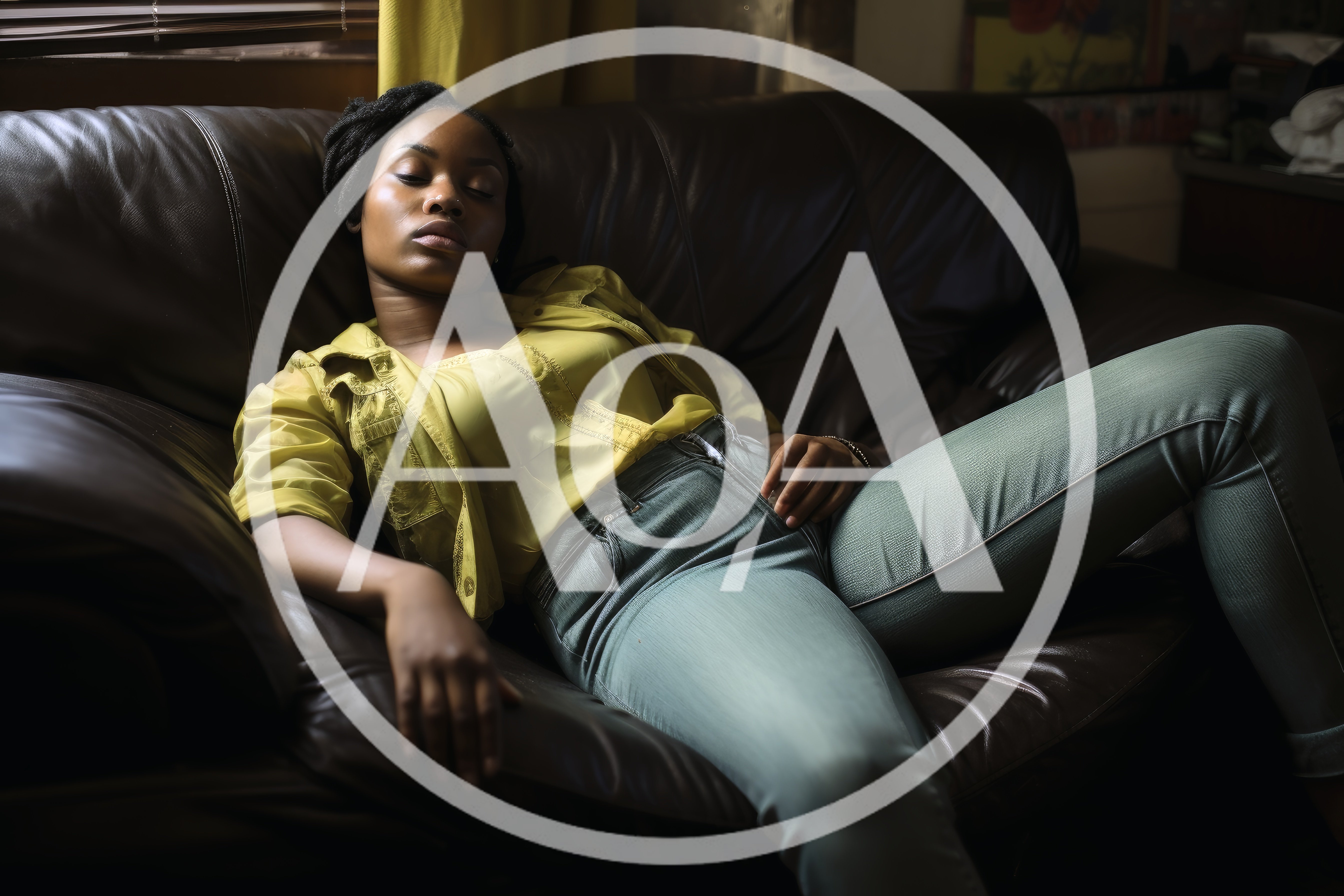 Young Black Woman Sleeping On A Leather Couch