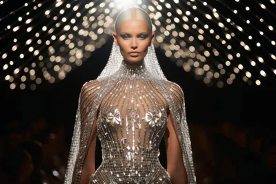 Fashion Model Wearing Intricate Silver Beaded Couture Gown