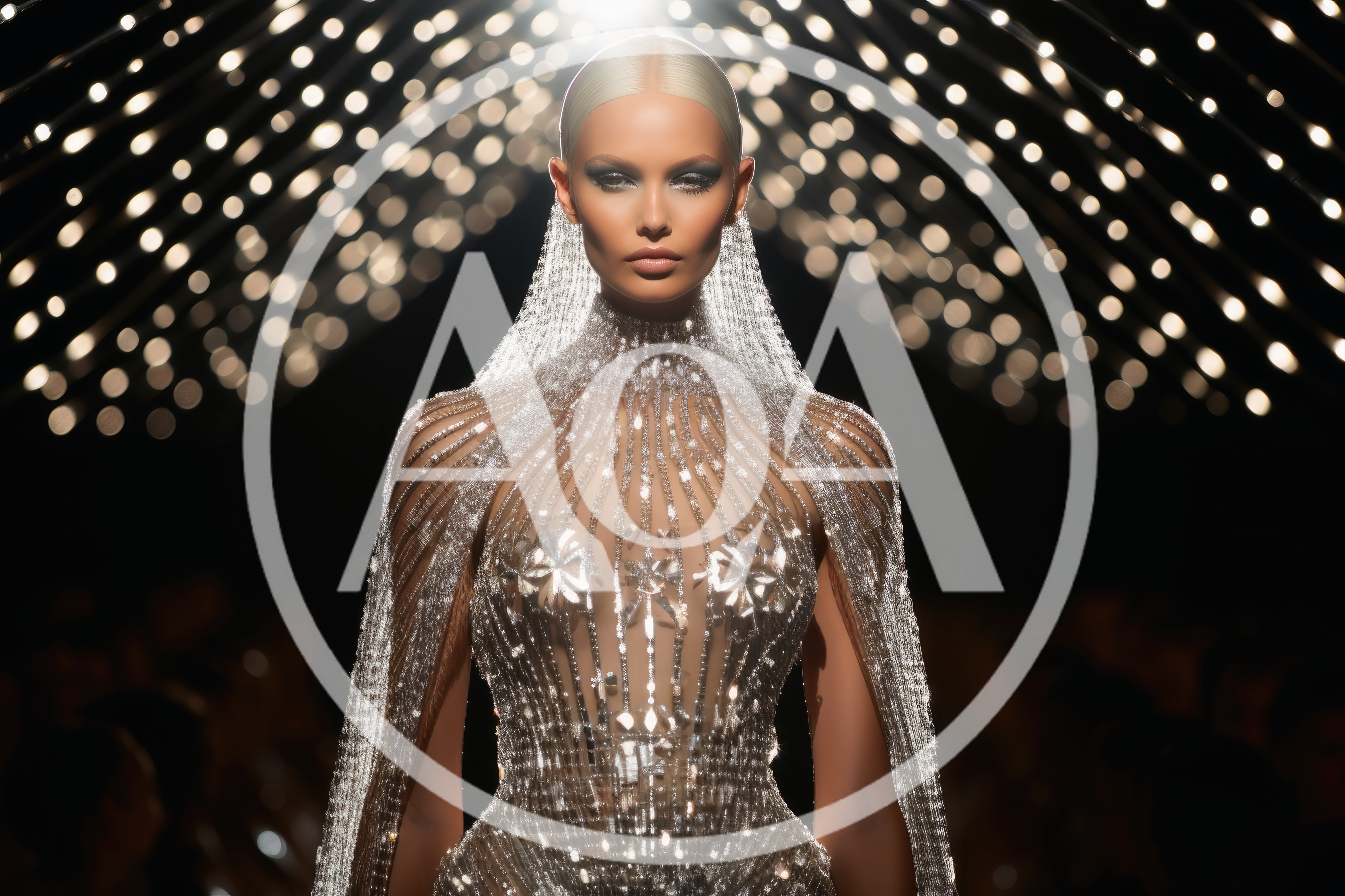 Fashion Model Wearing Intricate Silver Beaded Couture Gown