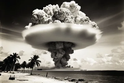 Massive Nuclear Explosion Over Tropical Island Beach
