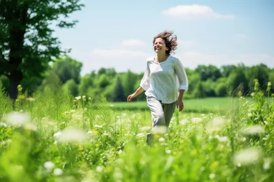 Happy Woman Running Through A Sunny Meadow