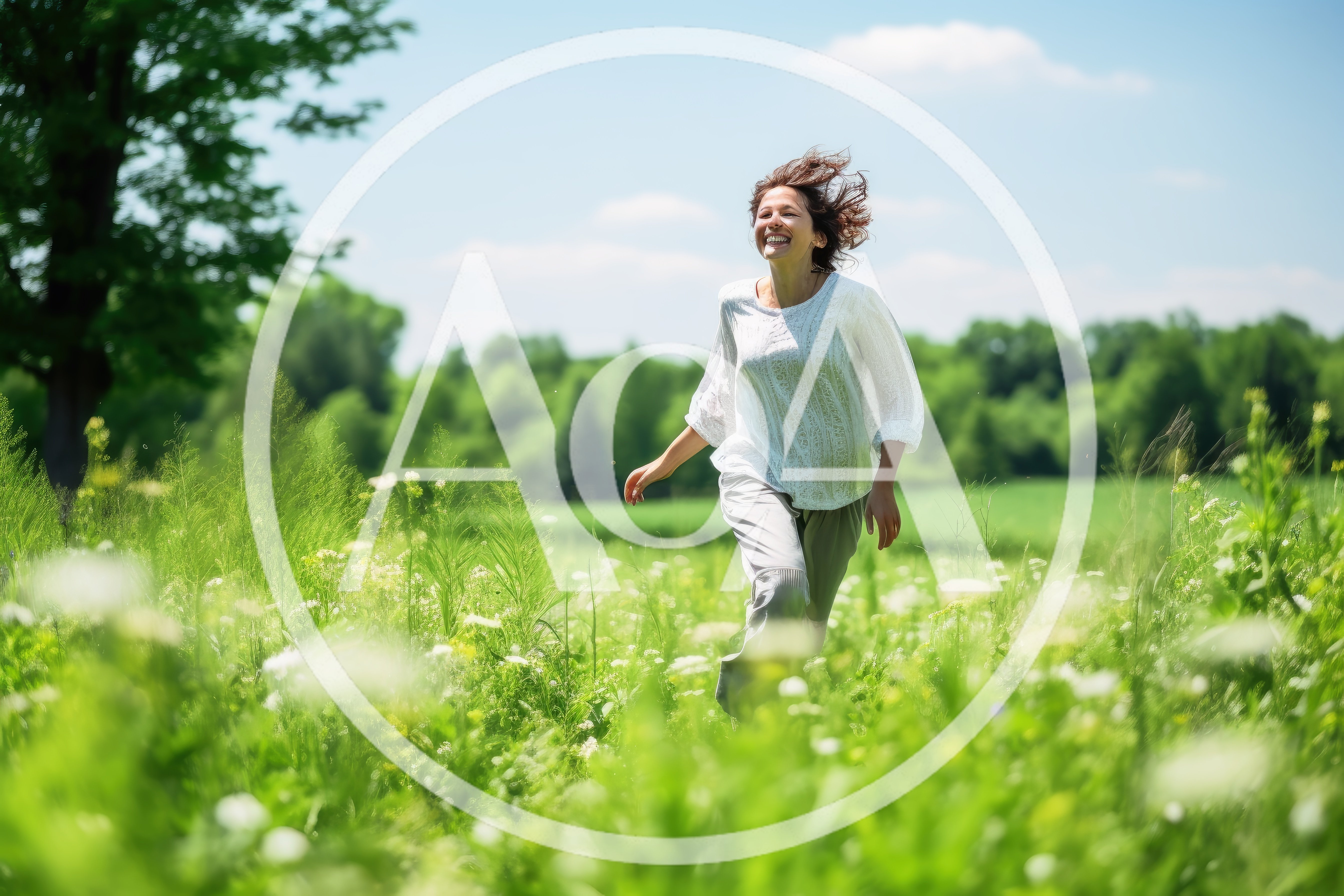 Happy Woman Running Through A Sunny Meadow
