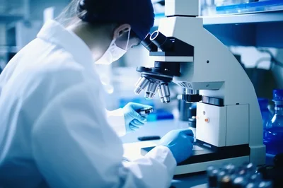 Scientist Examining Biological Sample Under Laboratory Microscope