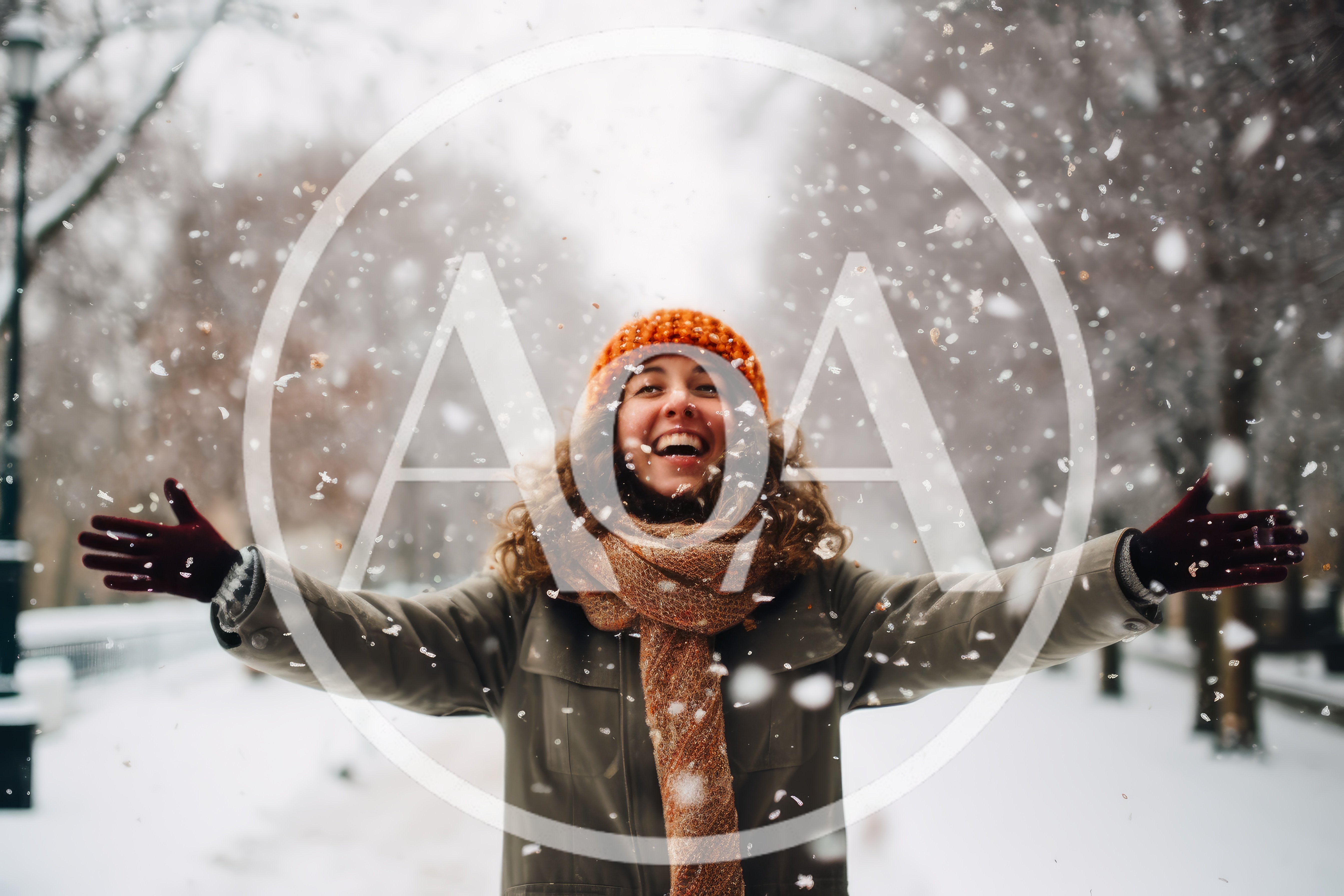 Happy Woman Enjoying Snowfall In A Winter Park