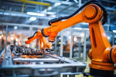 Industrial Robotic Arms Performing Precision Assembly In Factory