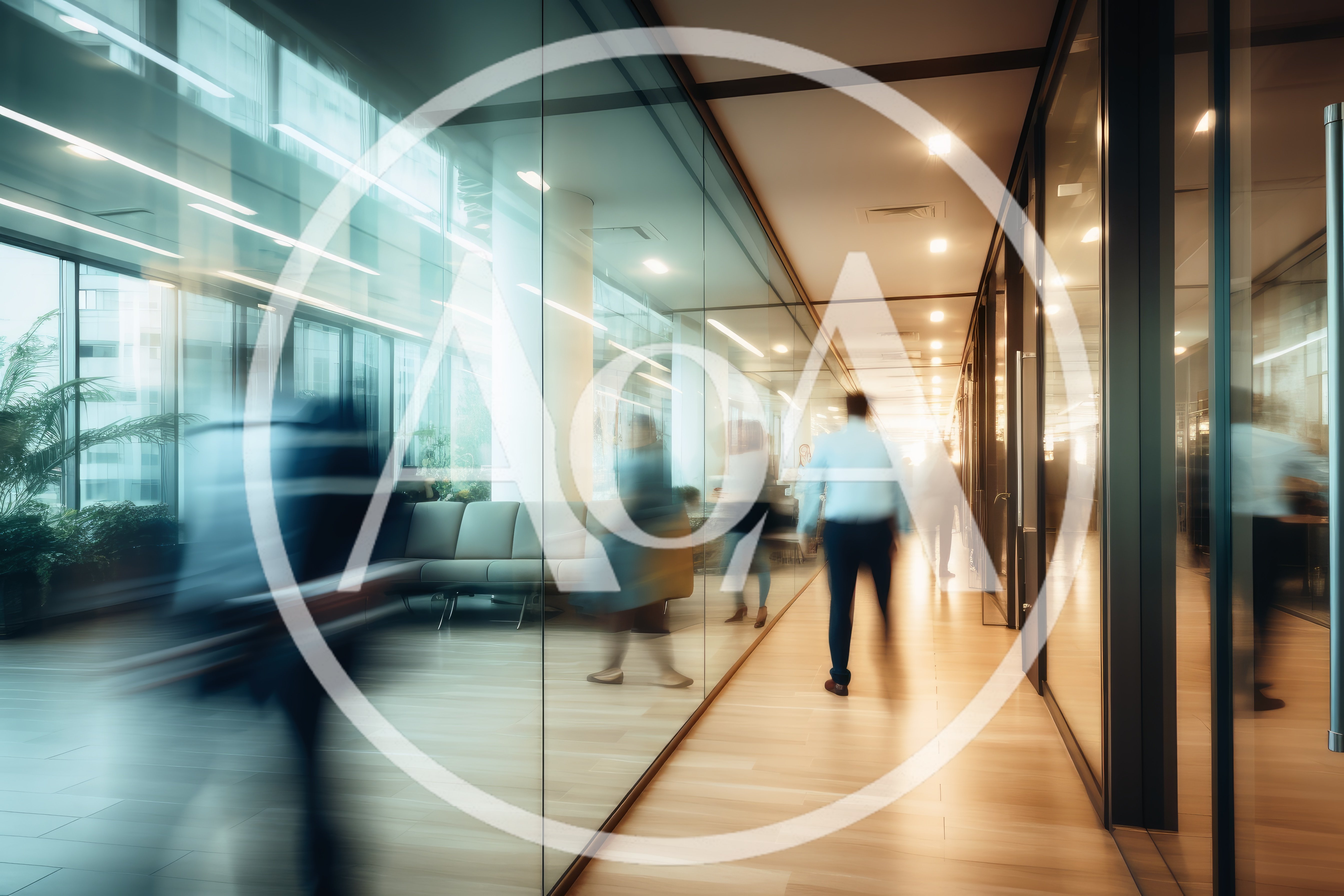 Business Professionals Walking Through Modern Glass Office Corridor