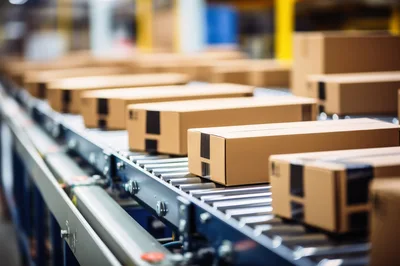 Cardboard Packages Moving Along Automated Warehouse Conveyor Belt