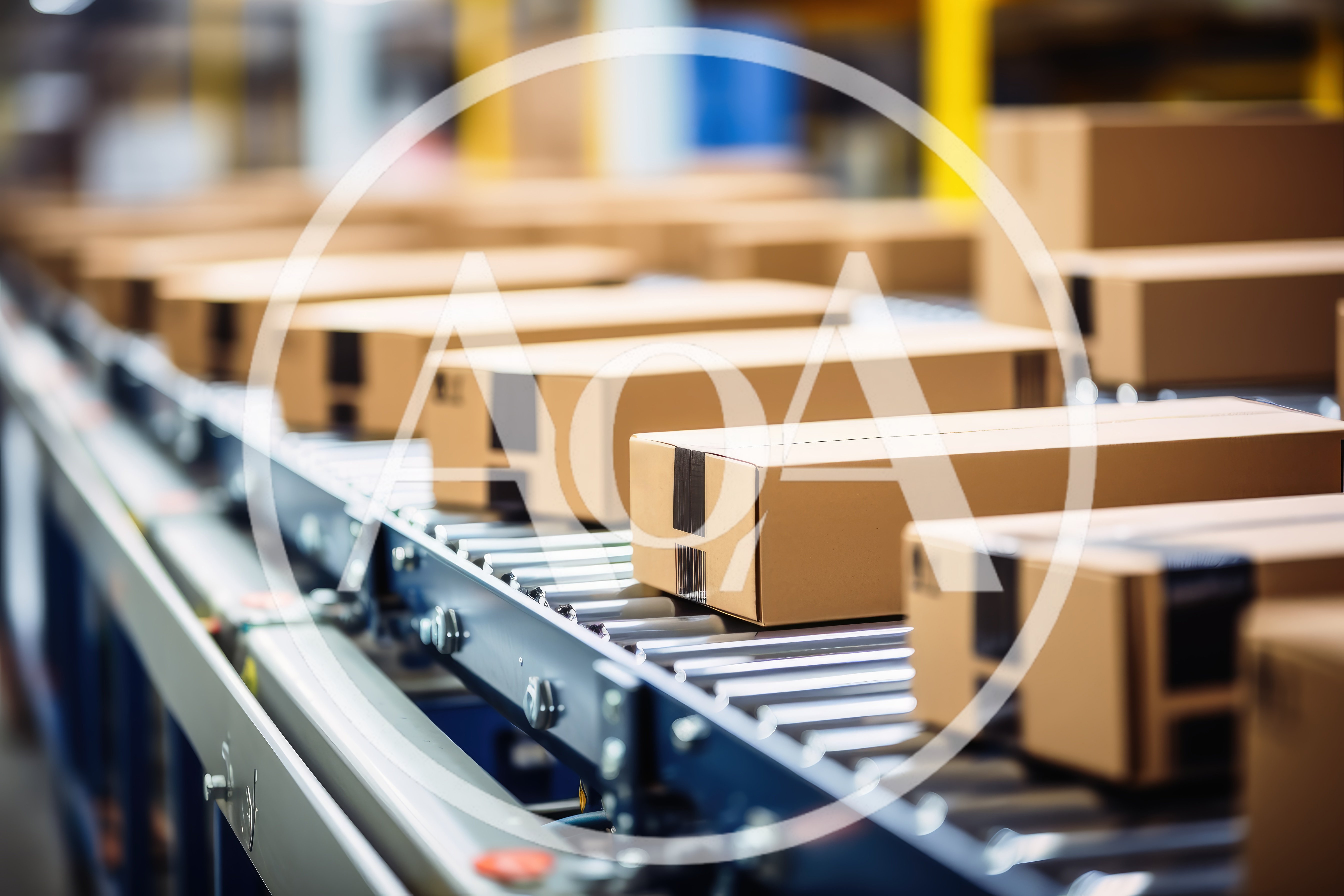 Cardboard Packages Moving Along Automated Warehouse Conveyor Belt