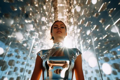 Futuristic Woman In Metallic Silver Outfit