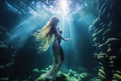 Ethereal Mermaid Swimming Through Underwater Rock Formation