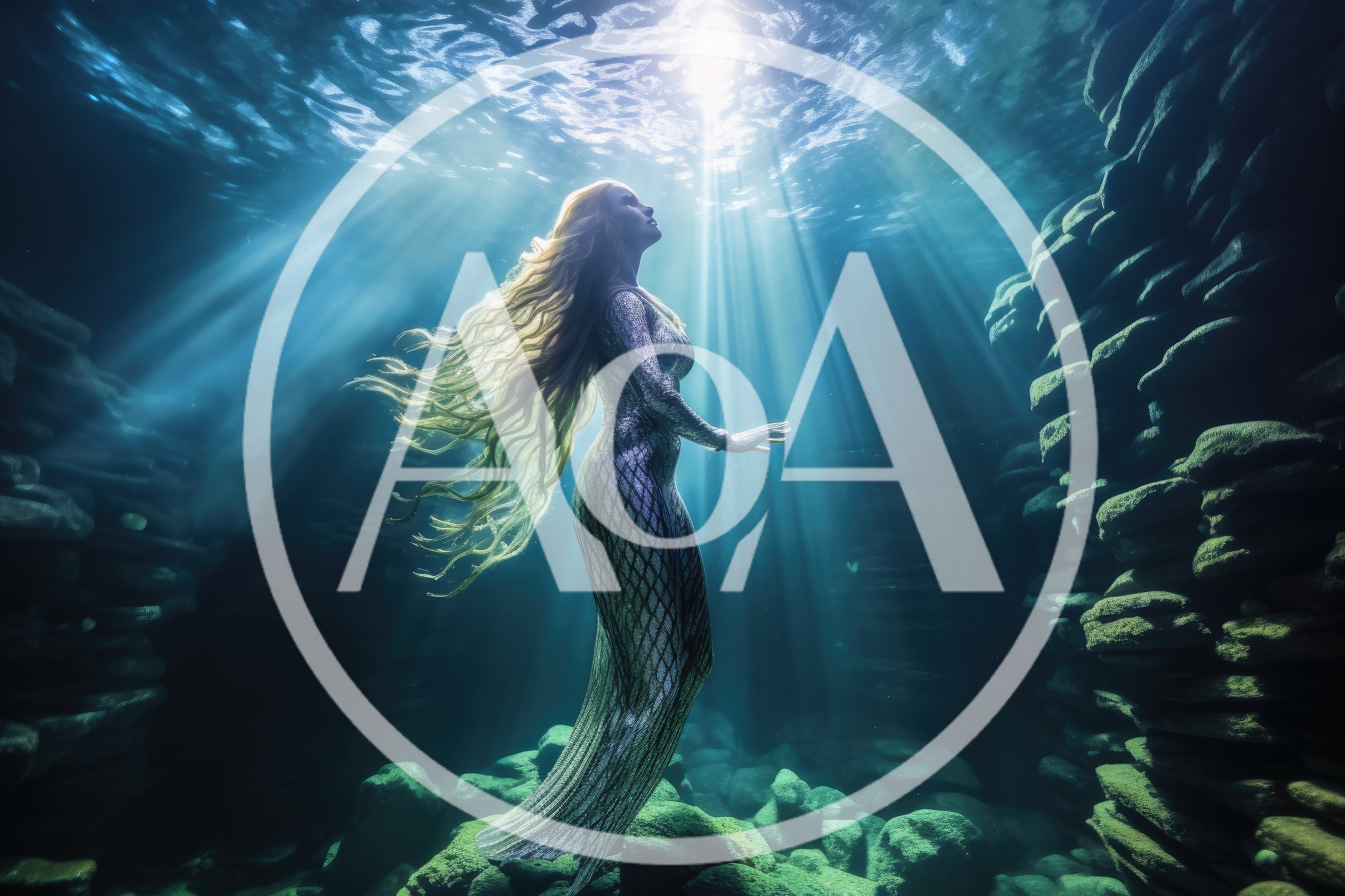 Ethereal Mermaid Swimming Through Underwater Rock Formation