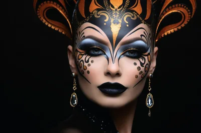 Portrait Of A Woman With Elaborate Gold And Black Makeup