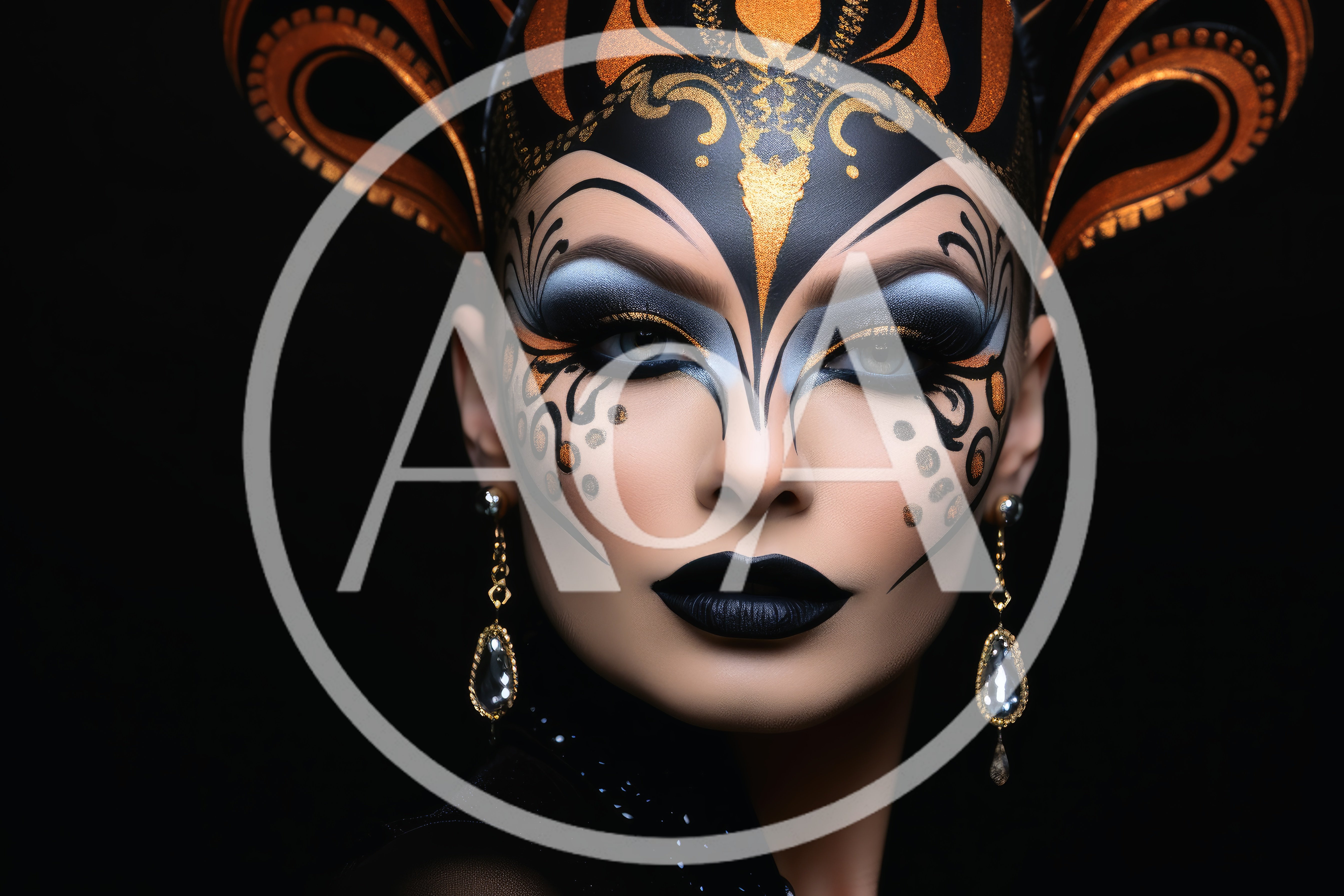 Portrait Of A Woman With Elaborate Gold And Black Makeup