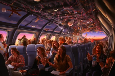 Joyful Passengers Celebrating During A Festive Airplane Flight