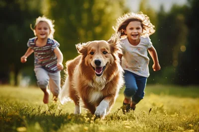 Two Young Girls Running With A Golden Retriever