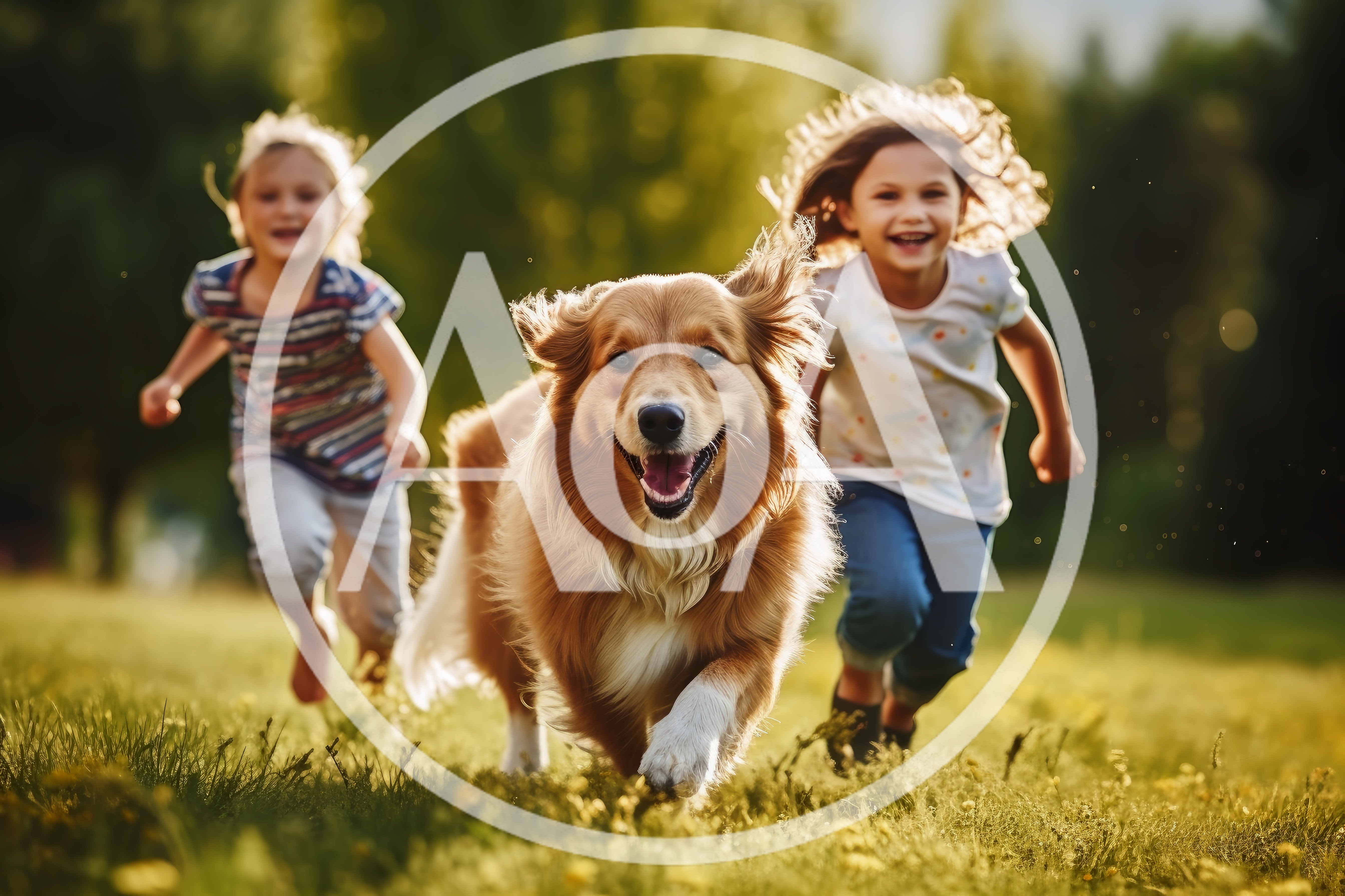 Two Young Girls Running With A Golden Retriever