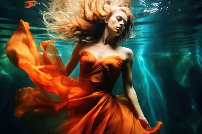 Woman In Orange Dress Floating Underwater