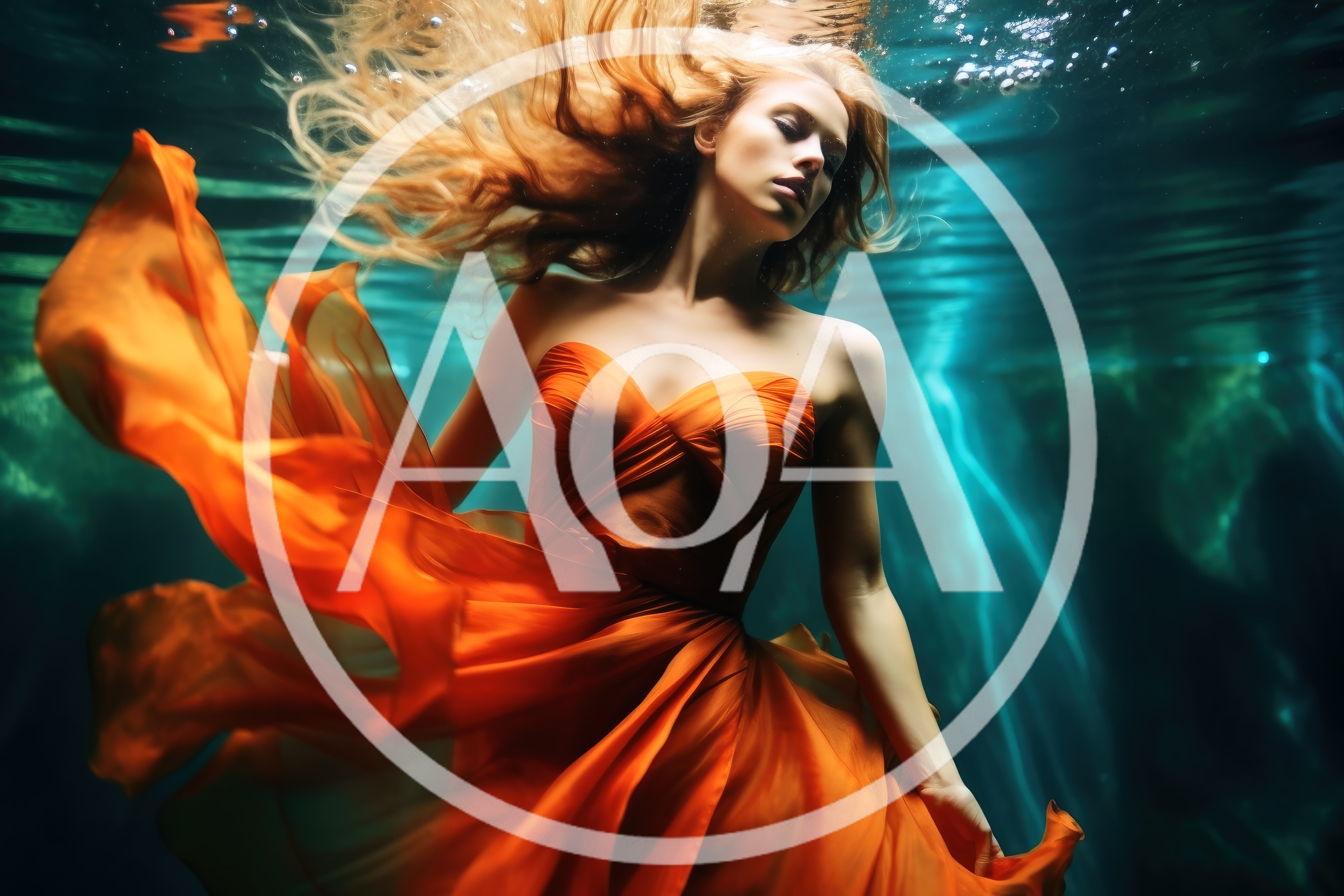Woman In Orange Dress Floating Underwater