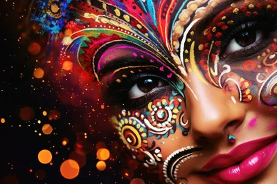 Close Up Portrait Of Woman With Vibrant Face Paint