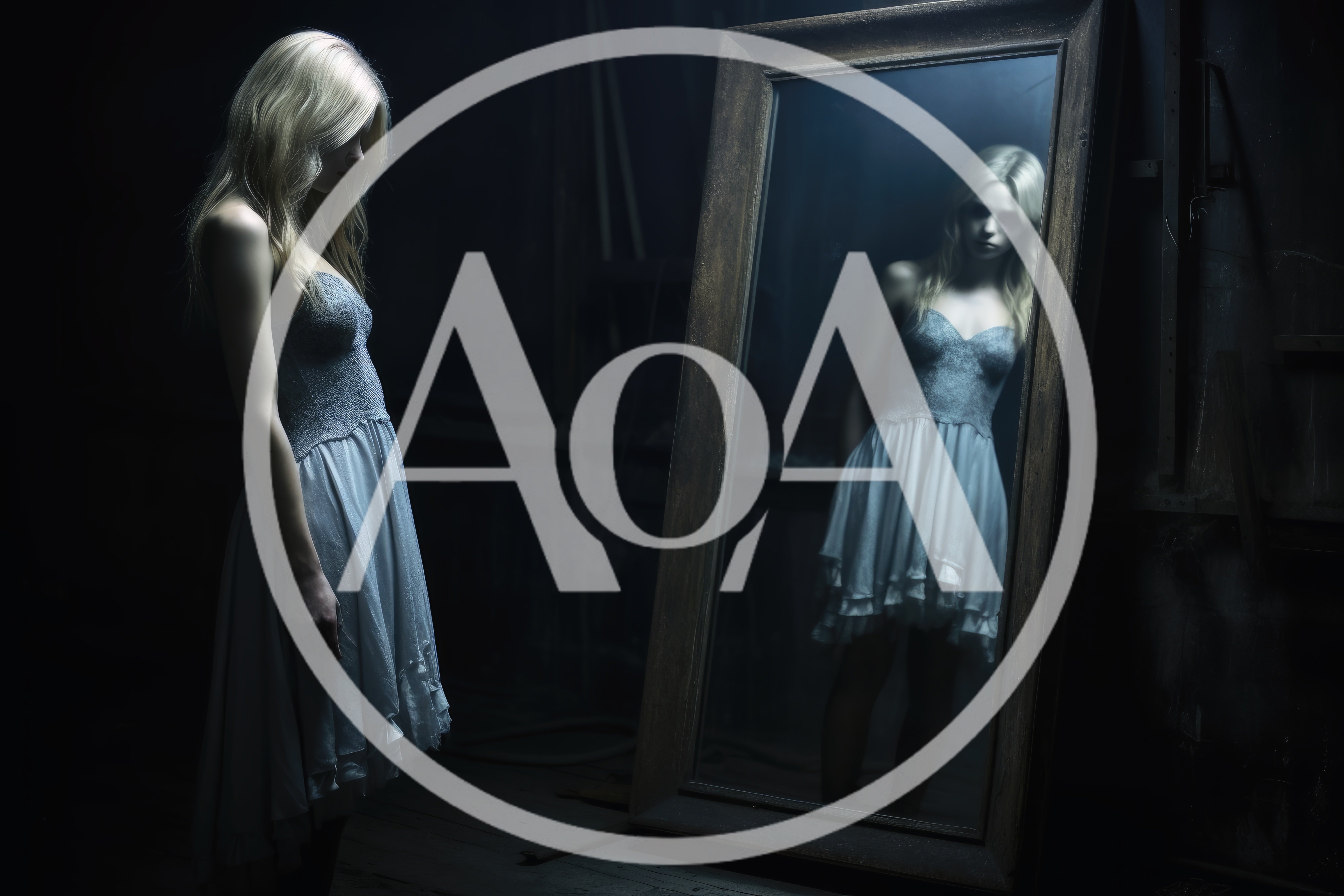 Young Woman Standing Before A Large Antique Mirror