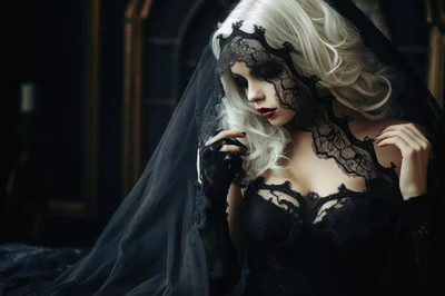 Gothic Woman With Platinum Hair And Black Lace Veil