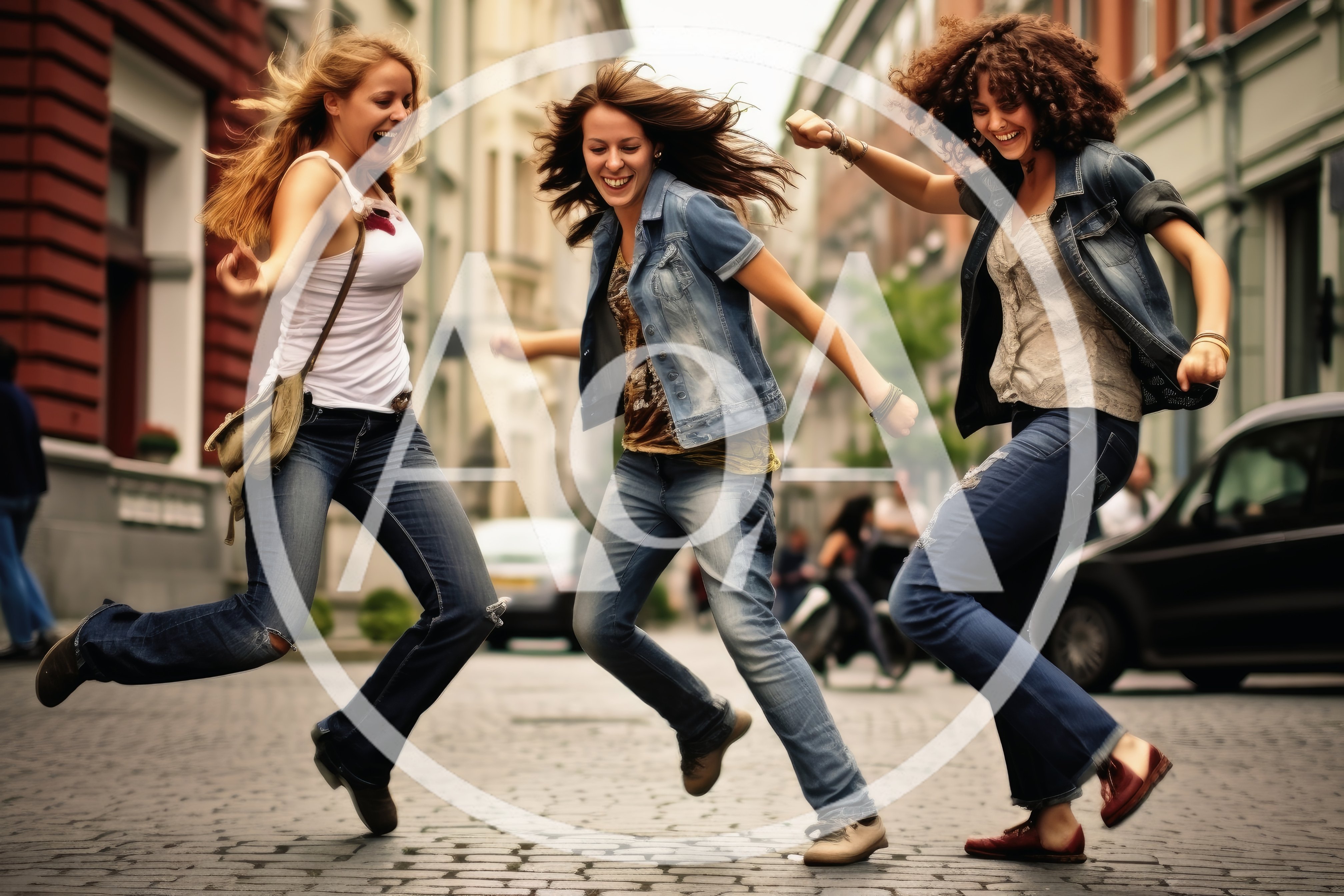 Three Young Women Jumping Joyfully on Cobblestone Street