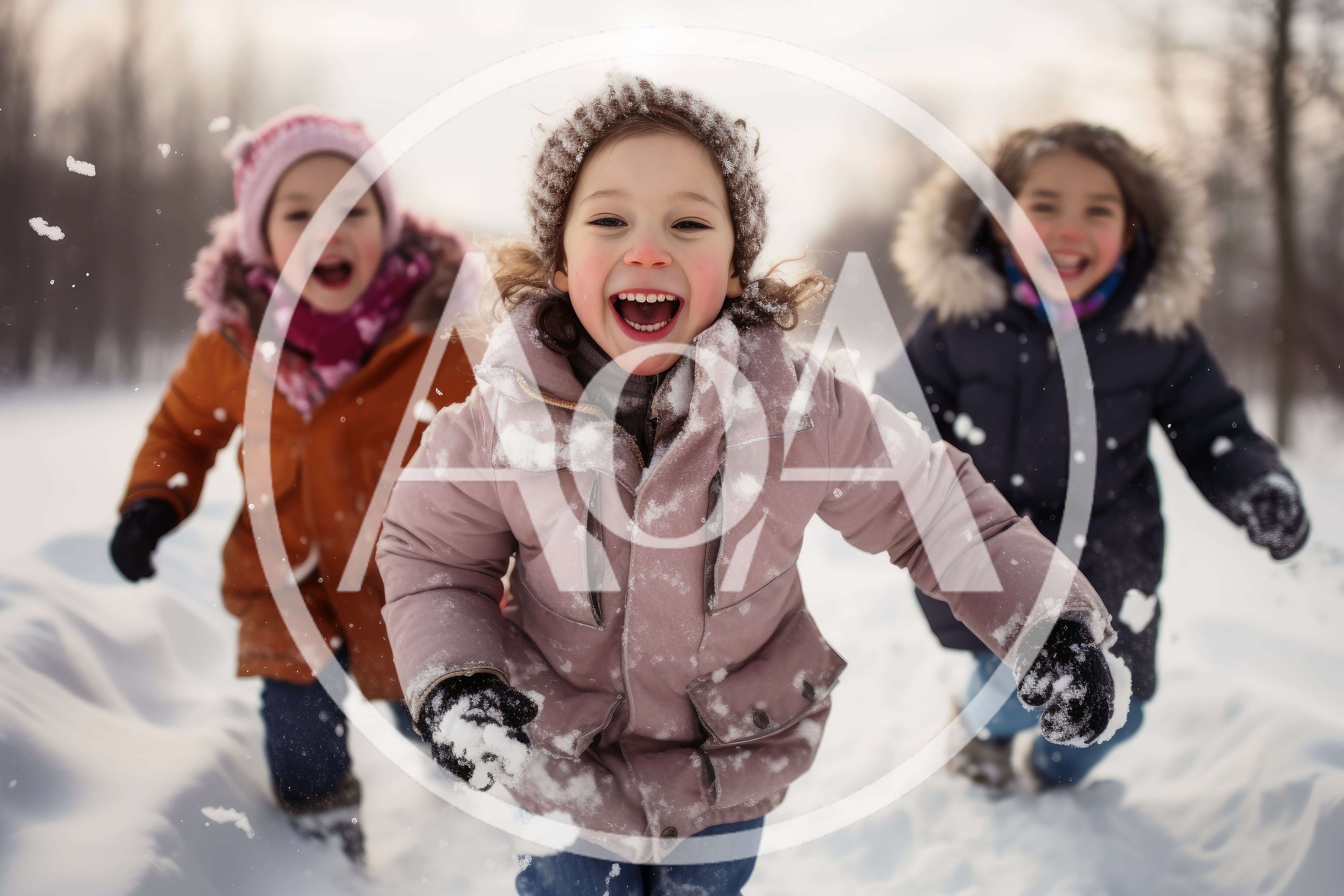 Three Happy Children Running Through Snowy Winter Park
