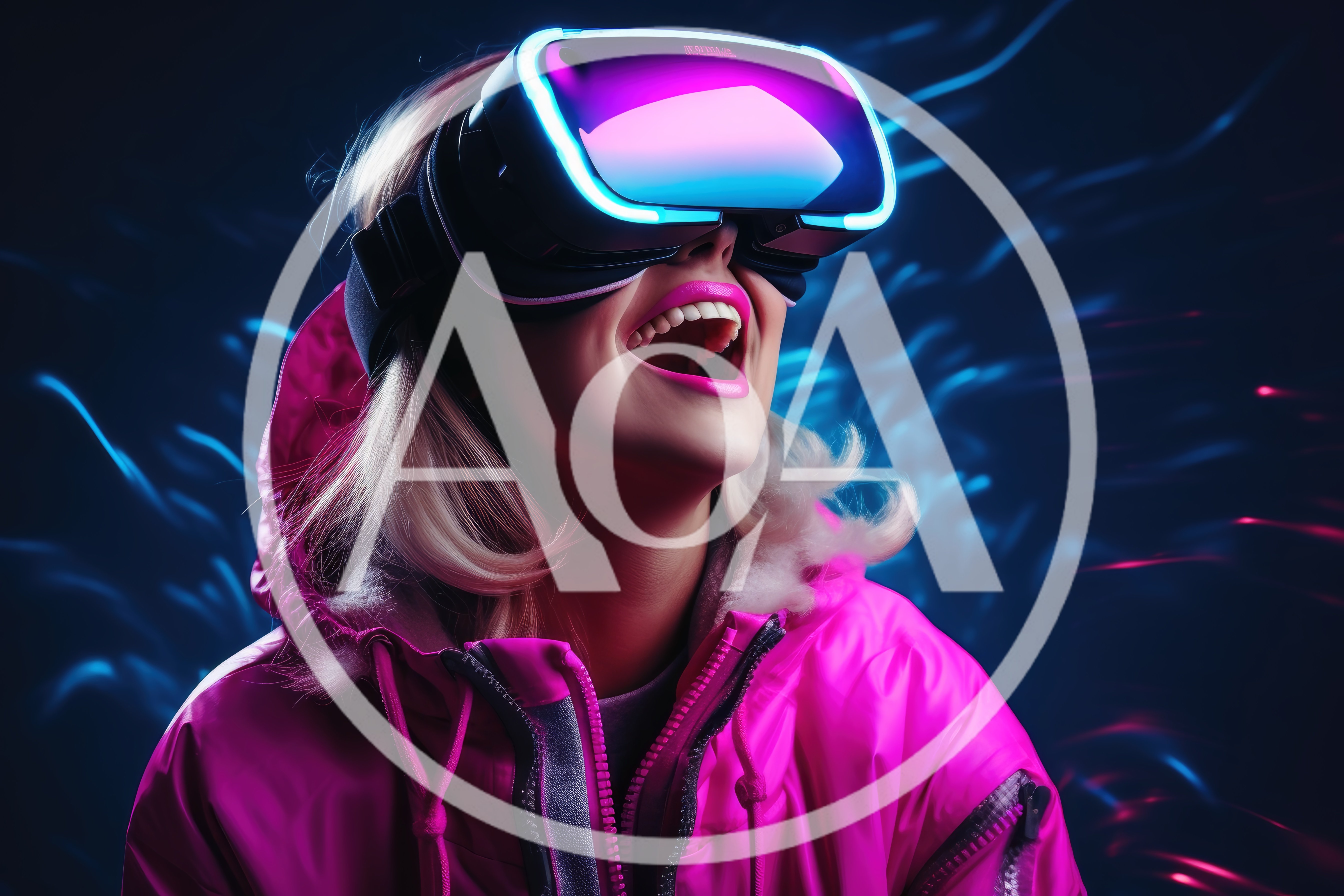 Woman Wearing Virtual Reality Headset With Neon Lighting