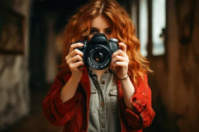Young Woman With Red Hair Holding A DSLR Camera