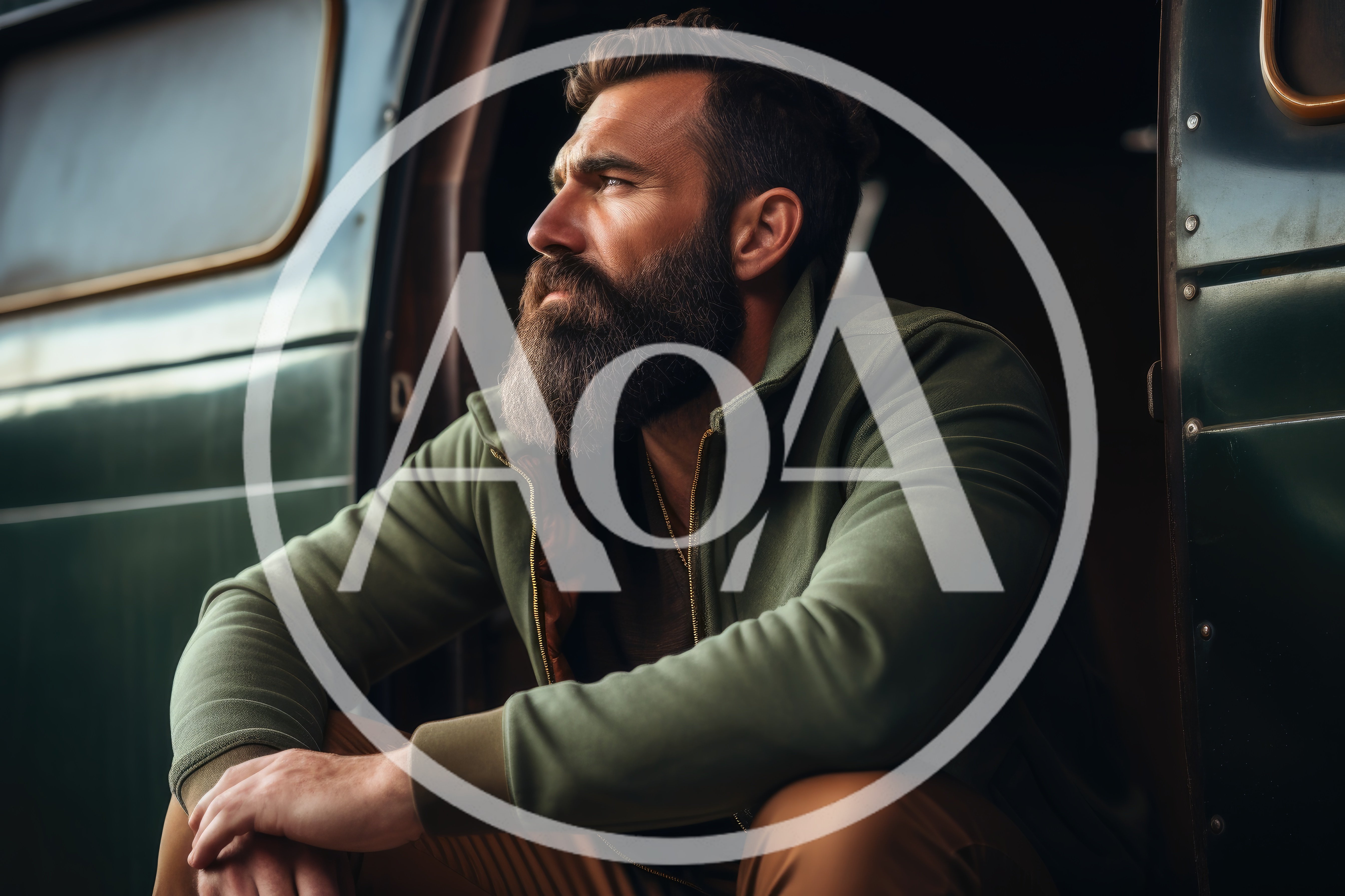 Bearded Man Sitting In Open Van Doorway