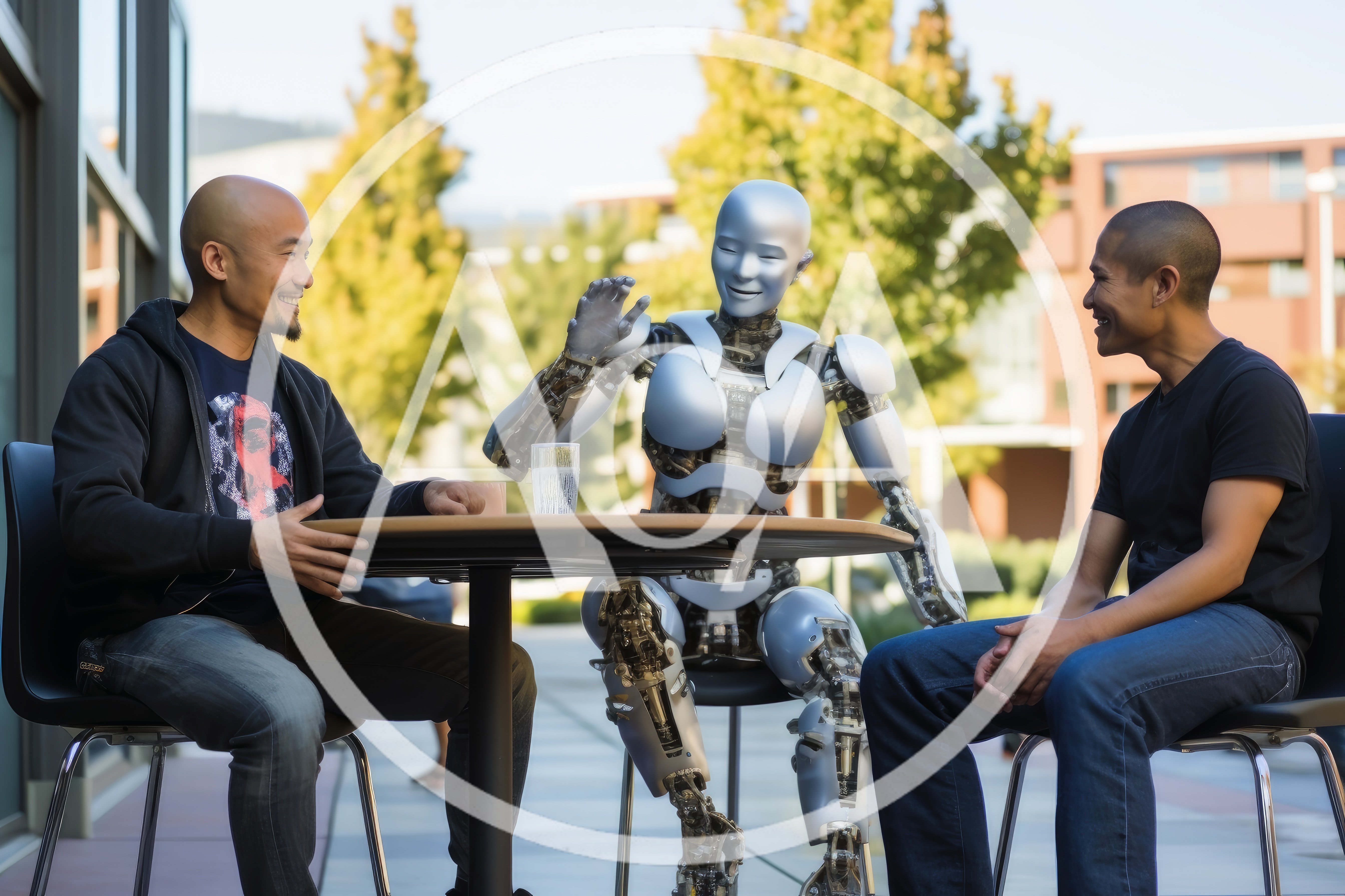 Two Men Conversing With A Humanoid Robot Outdoors