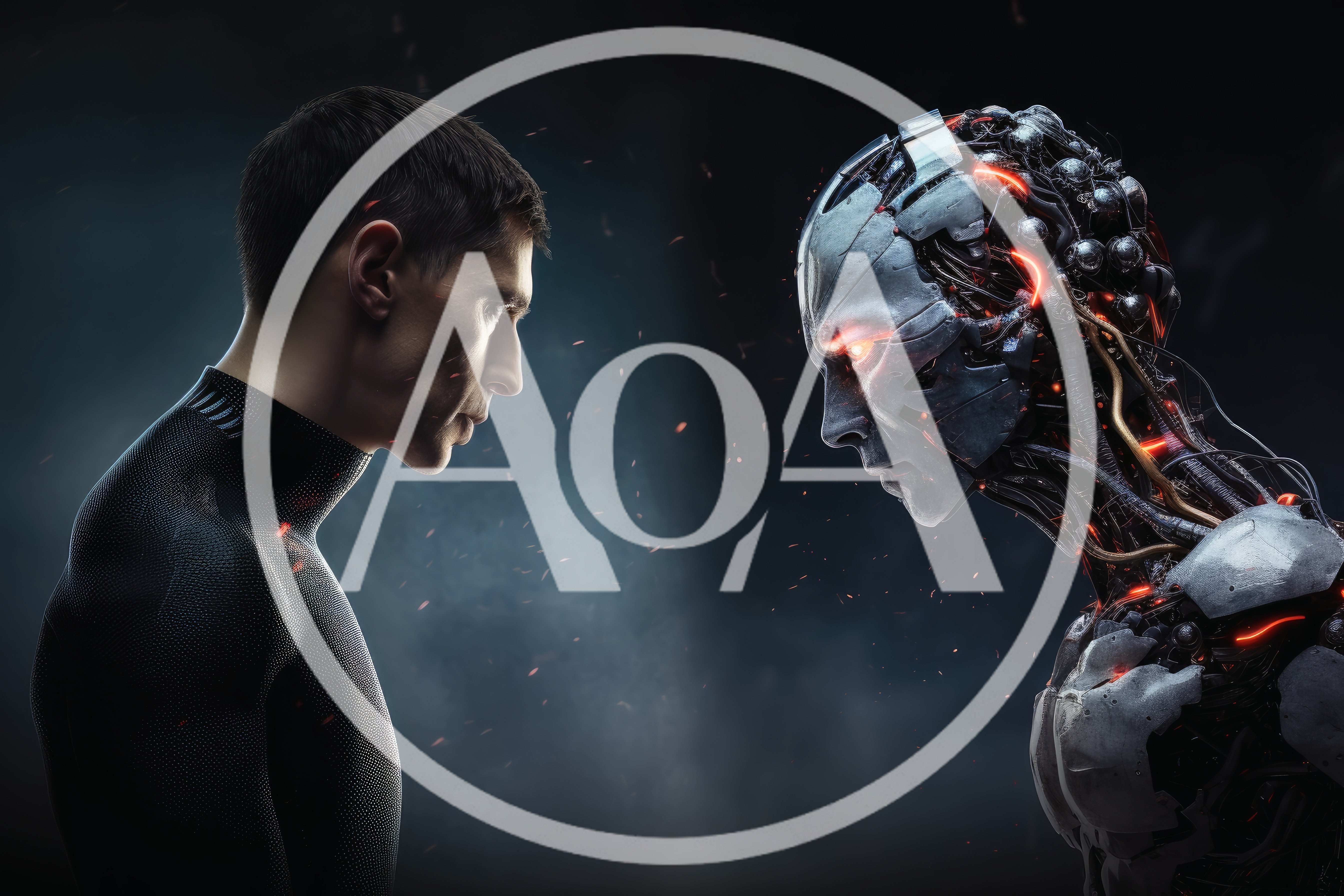Human Man Facing Advanced Cyborg Robot