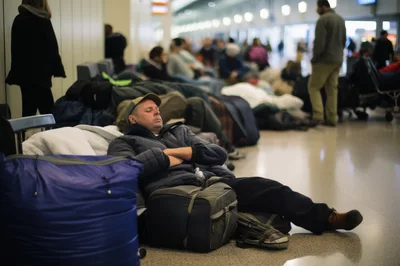 Traveler Sleeping on Airport Floor During Delay