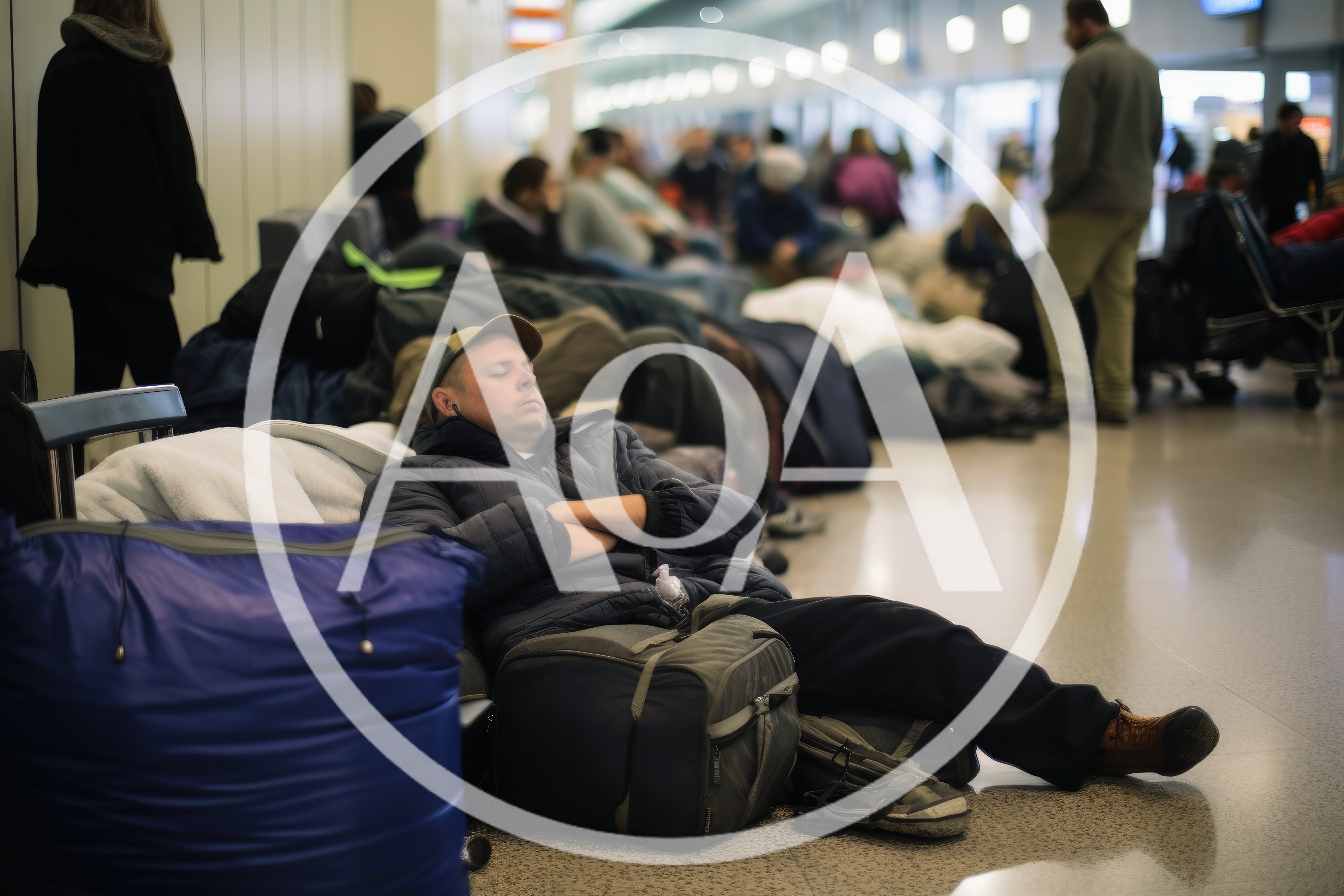 Traveler Sleeping on Airport Floor During Delay
