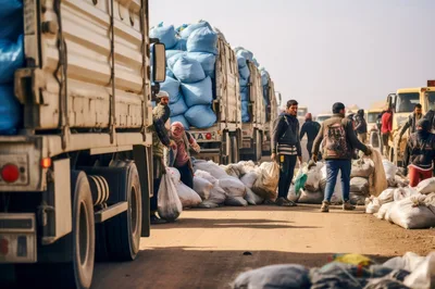 Refugees Collecting Humanitarian Aid Supplies From Trucks