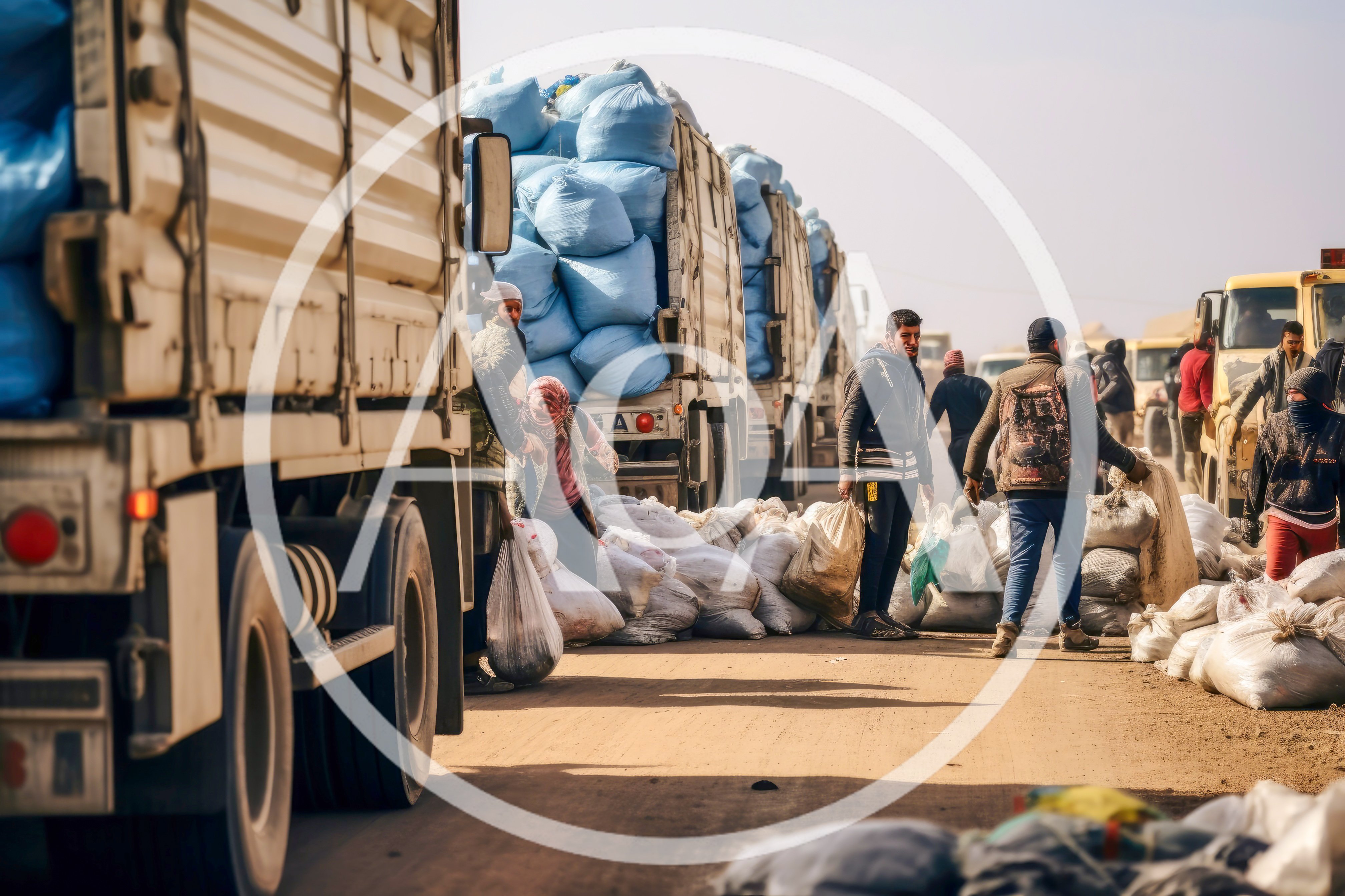 Refugees Collecting Humanitarian Aid Supplies From Trucks