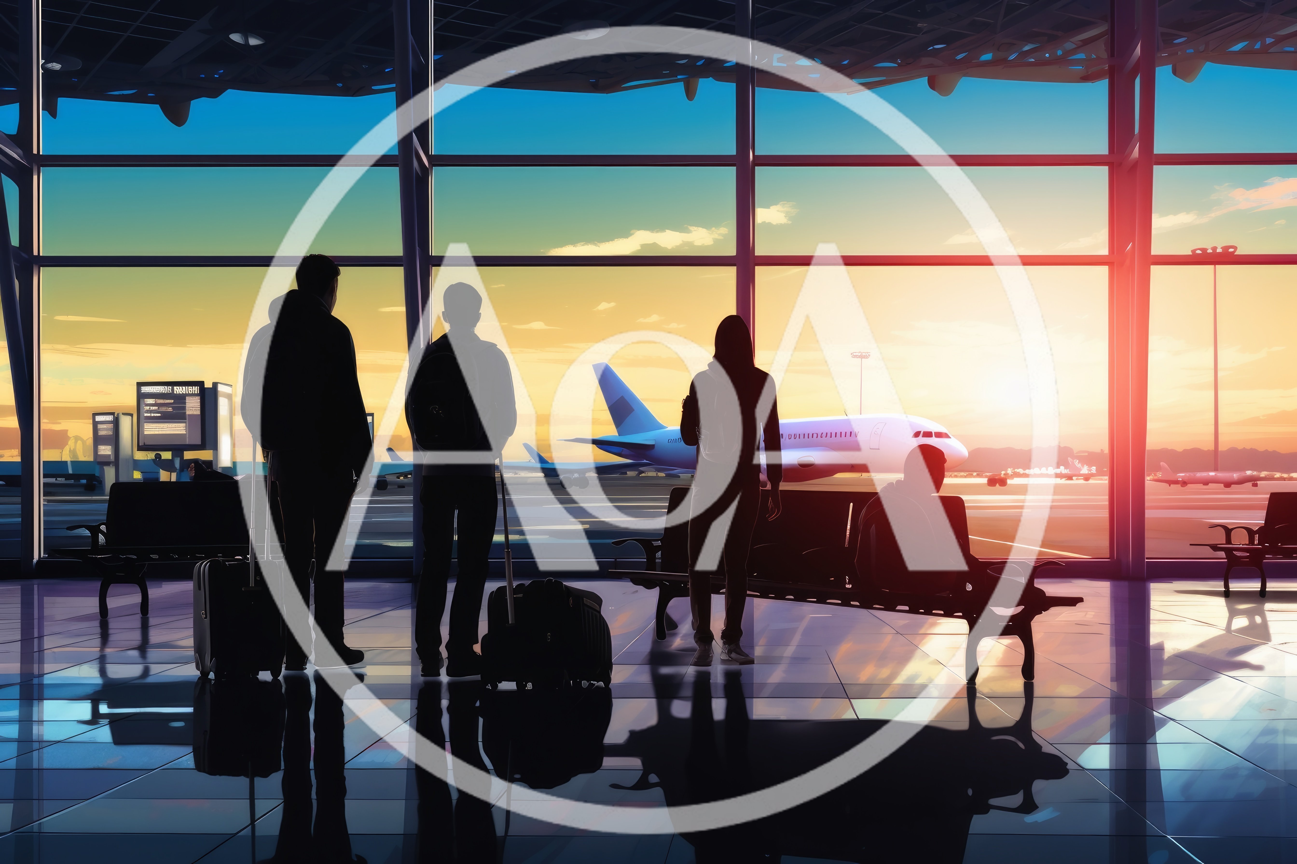 Travelers Waiting At Airport Terminal During Sunset