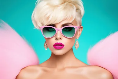 Fashionable Woman With Blonde Hair And Pink Sunglasses