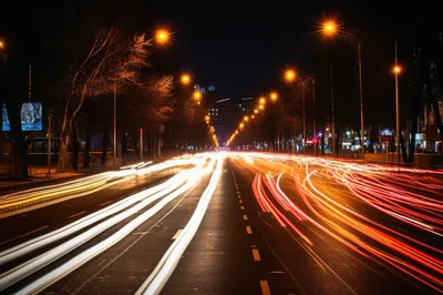 Long Exposure Night Traffic On City Street