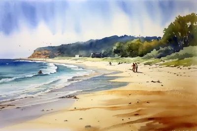 Watercolor Painting Of A Scenic Coastal Beach Landscape