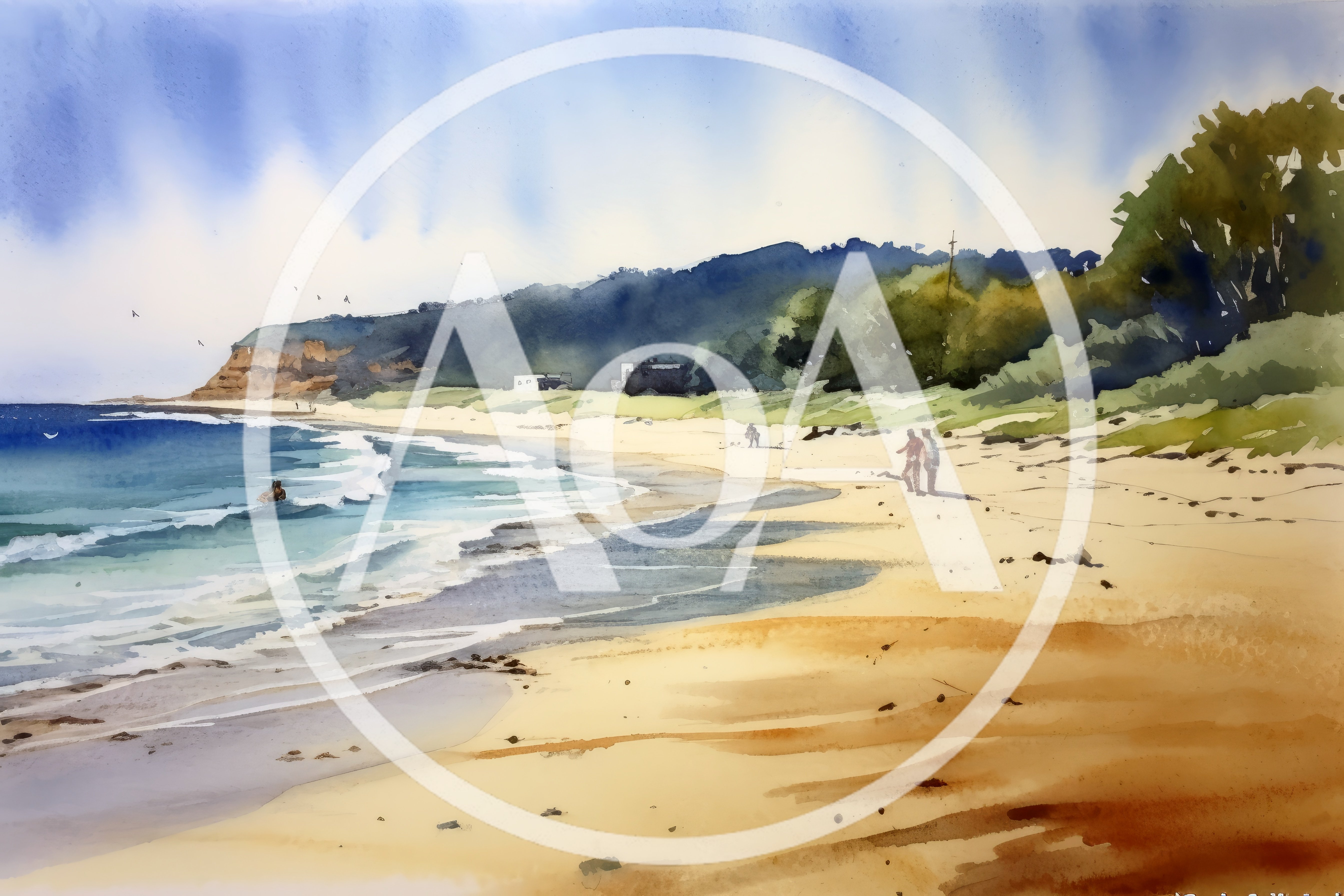 Watercolor Painting Of A Scenic Coastal Beach Landscape