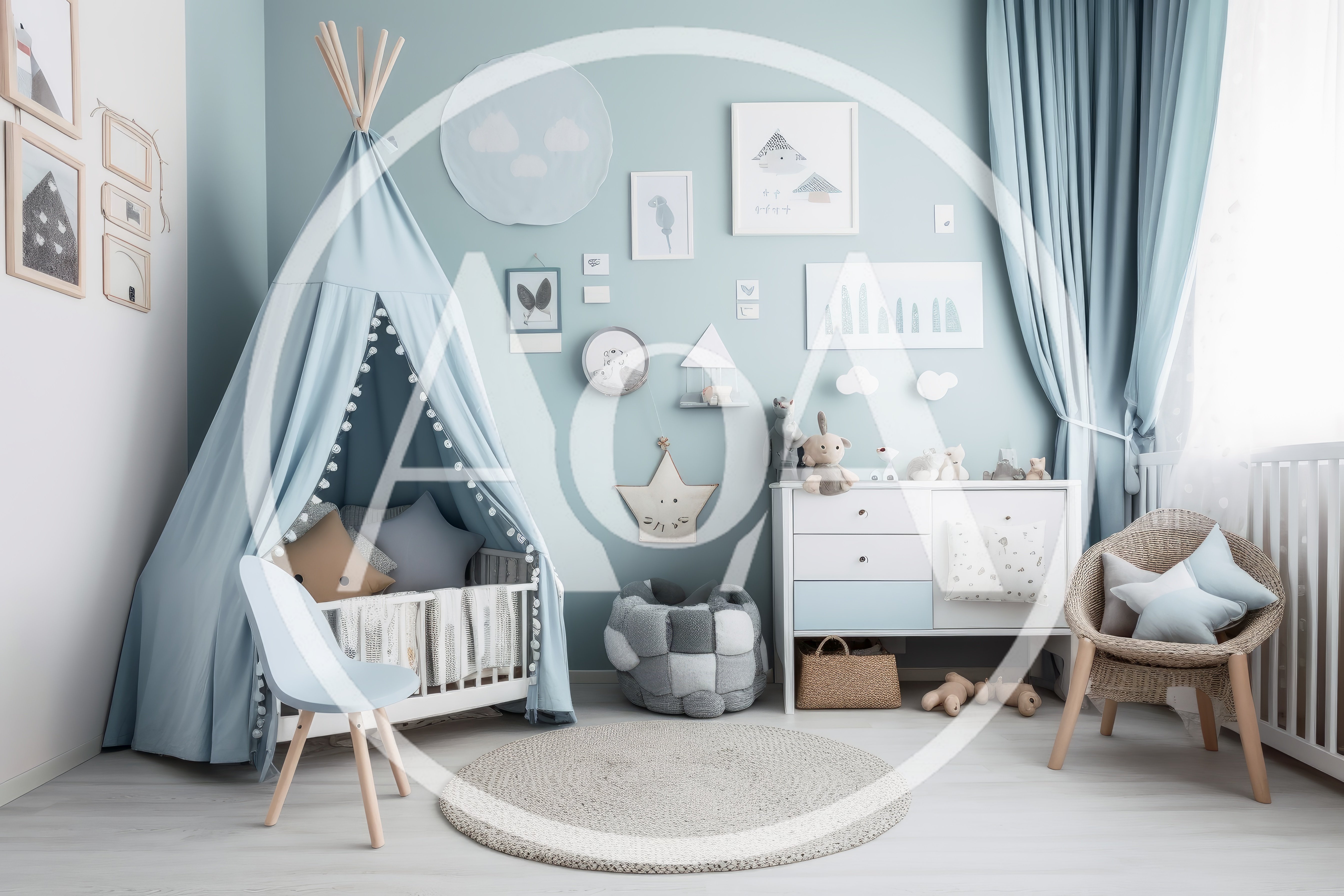 Modern Nursery Room With Teepee And Crib